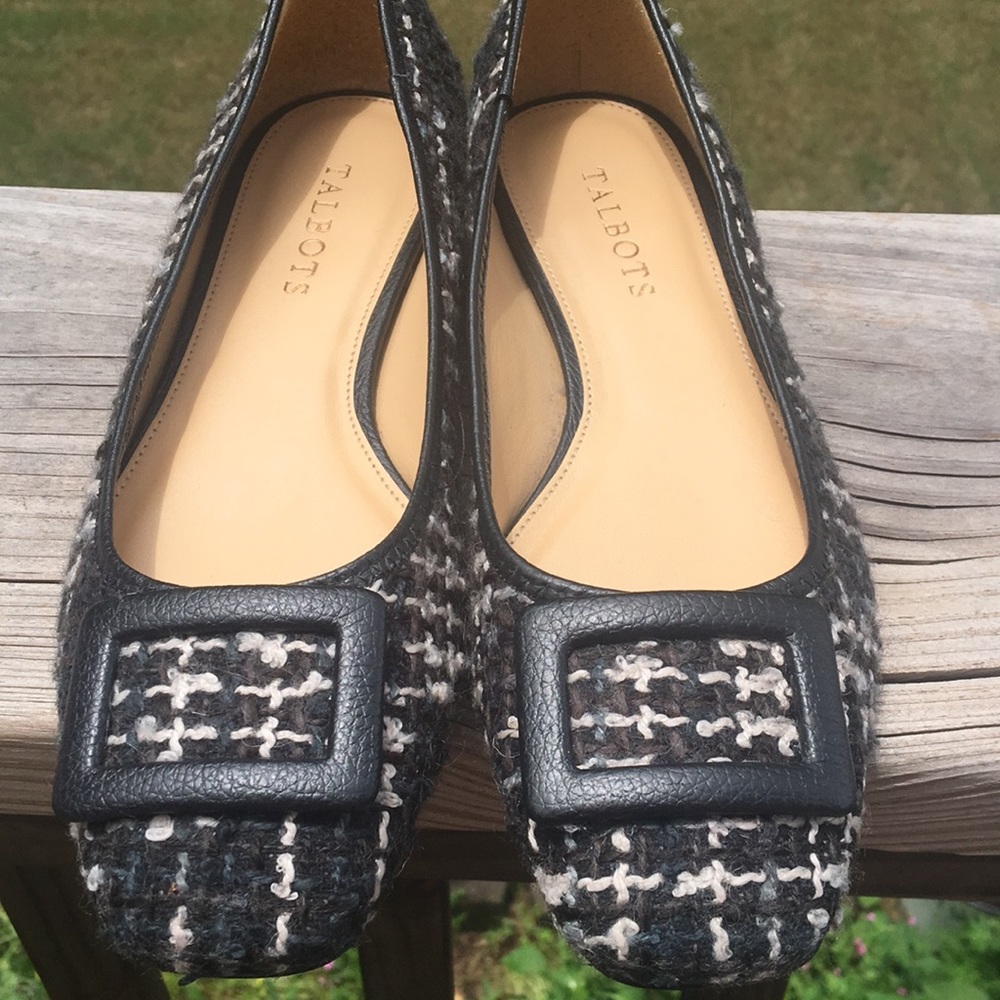 Talbots Black&Gray Plaid Woven Fabric Flats  Sz 7M